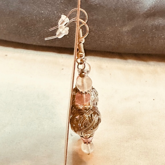 Silver Hook Dangle Earrings & Large Silver Beads & Cherry Quartz Stones & Crysta - Picture 6 of 9